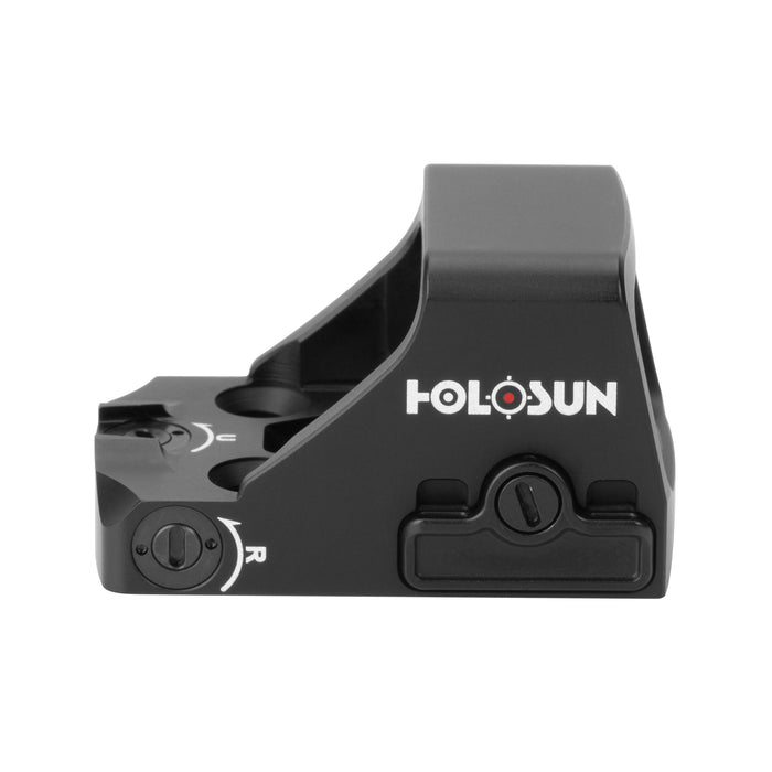 A detailed left profile view of the optic, highlighting the white logo and windage adjustment dial, with the side-loading Holosun HS507K X2 battery compartment clearly visible in the foreground.