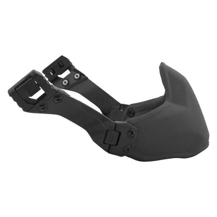 A detailed left-to-right close-up of the black Galvion Mandible, highlighting the sleek curves and durable ballistic profile of the tactical jaw guard.