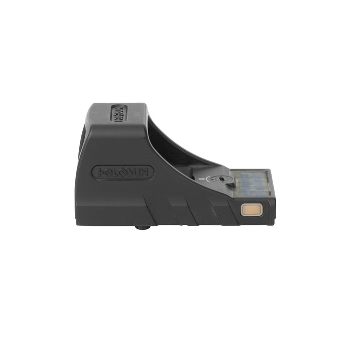 A detailed side profile view of the Holosun SCS Walther PDP, displaying the prominent Holosun logo engraved on the main body and the integrated solar charging panel resting on the upper right section of the optic.