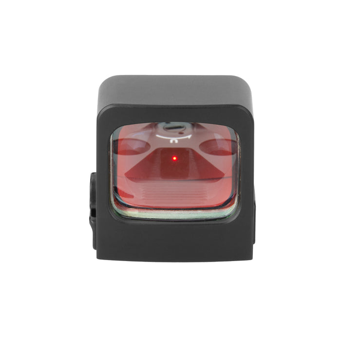 A direct frontal view of the Holosun HS507K X2 optic, looking straight through the clear glass lens to show the bright red dot illuminated inside the rugged black housing.