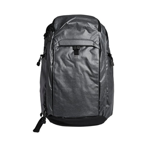 A direct frontal view of the Vertx Gamut Carry Concealed Weapon Backpack in Heather Smoke Grey and It's Black, showcasing its streamlined design and convertible front panel.