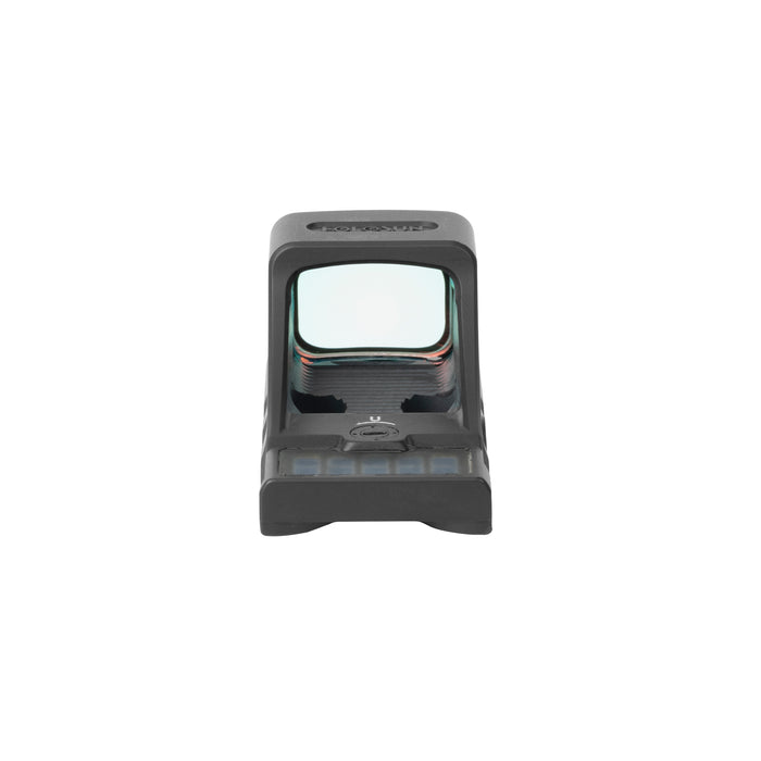A direct rear view of the Holosun SCS-PDP optic, displaying the shooter's perspective through the clear glass window and the textured back profile of the durable aluminum housing.