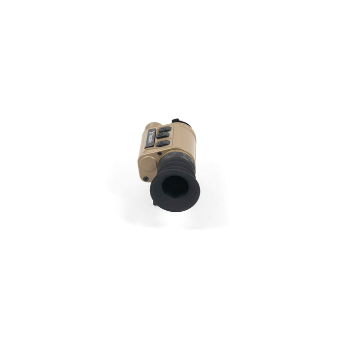 A direct rear view of the tan Nocpix Micro 2 H25 thermal monocular, focusing on the large black rubber eyecup in the foreground with the device's main housing and top control buttons extending away into the background.