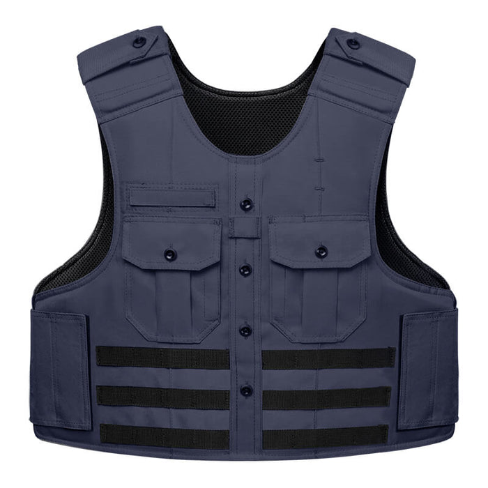 A front view of the Navy Blue safe life tactical uniform shirt carrier, displaying the standard law enforcement color with pleated chest pockets and a professional button-down appearance.