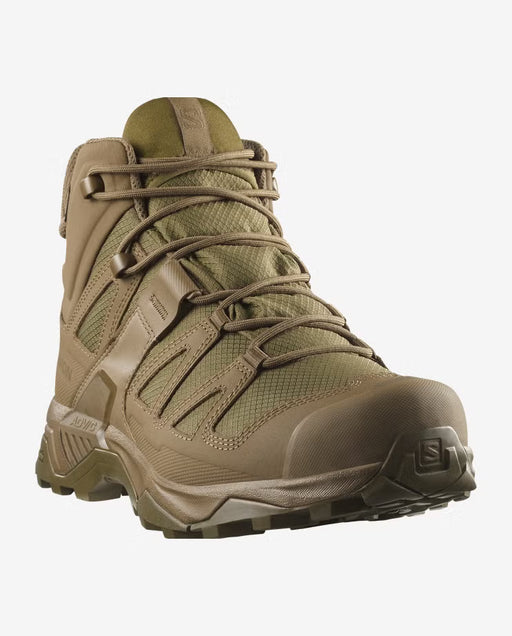 A frontal angled view of the coyote brown Salomon X Ultra Forces Mid GORE-TEX, featuring a reinforced rubber toe cap in the foreground and a breathable upper mesh body designed for durability and airflow
