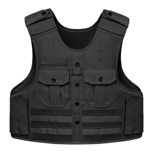 A frontal view of the black Safe Life Defense tactical uniform shirt carrier, showing the button-down styling and pleated chest pockets designed to maintain a professional law enforcement appearance.