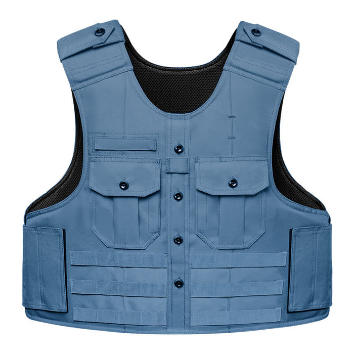 A frontal view of the French Blue tactical uniform shirt carrier for sale, designed for transit police and municipal agencies with a professional button-down look and pleated utility pockets.