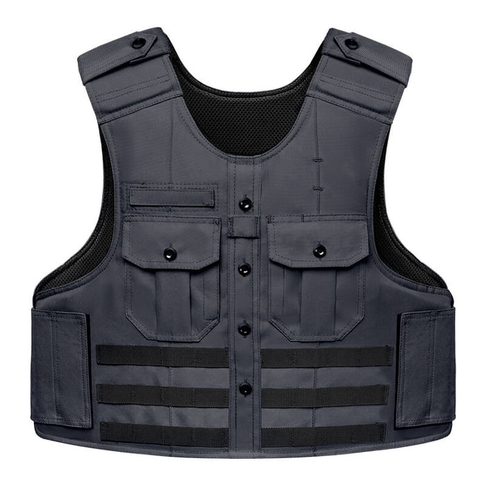 A frontal view of the Midnight Blue tactical uniform shirt carrier, featuring a professional button-down design and pleated pockets that match standard Dark Navy law enforcement uniforms.