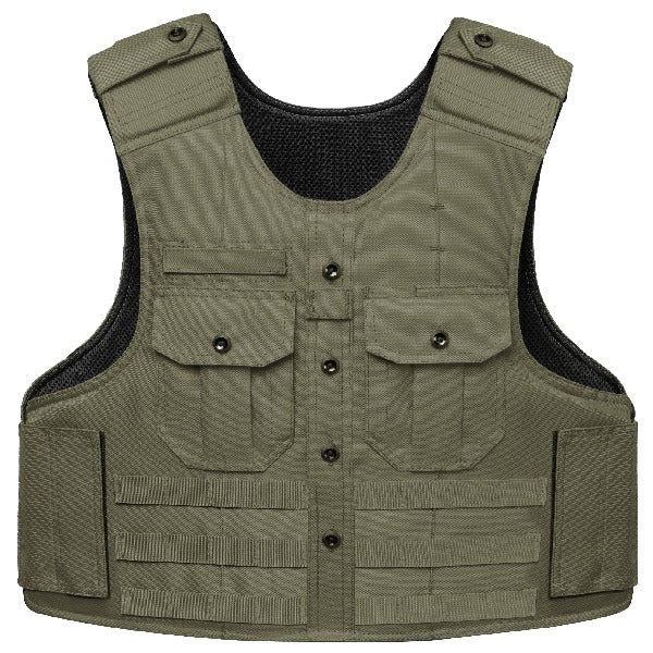 A frontal view of the OD Green safe life defense tactical uniform shirt carrier, featuring a tactical design with external webbing points that aligns with federal agency and park ranger uniform standards.
