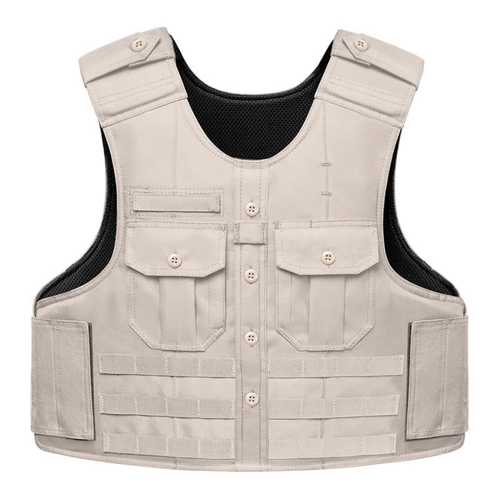 A frontal view of the Silver Tan safelife tactical uniform shirt carrier, designed to match Sheriff and Highway Patrol Class A uniforms with professional button-down styling and pleated chest pockets.