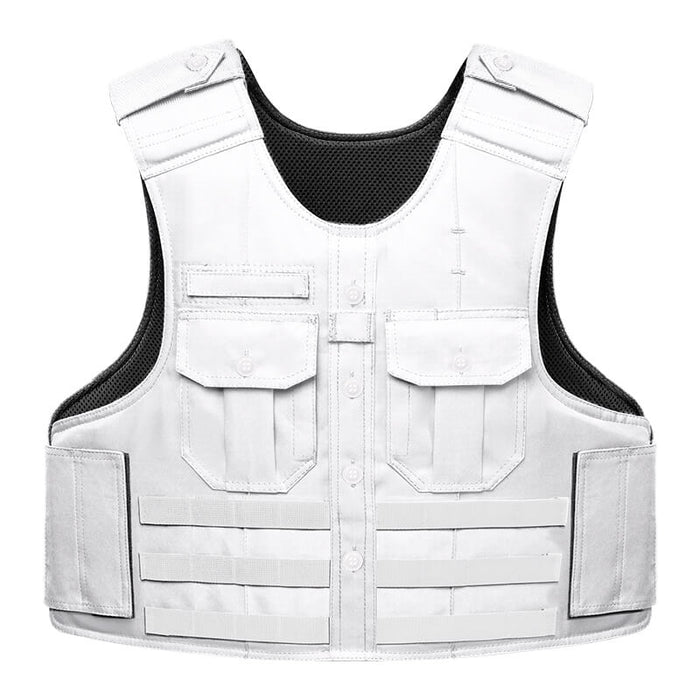 A frontal view of the white tactical uniform shirt carrier tailored for Command Staff and Traffic Enforcement, featuring a crisp button-down design that maintains a professional Class A uniform appearance.