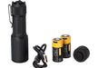 A full layout of the included accessories for the Sig Foxtrot EDC Compact is displayed from left to right, showing the main flashlight body, a USB-C charging cable, two rechargeable batteries, and an interchangeable tailcap.