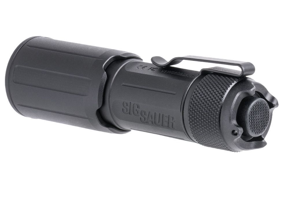 A high-quality hero shot displays the right and back angles of the 1350 lumens EDC flashlight, highlighting the textured aluminum grip, the durable metal pocket clip, and the tactile push-button tailcap ready for immediate activation.