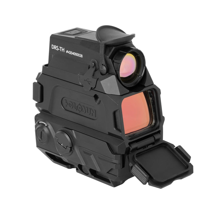 A left-angled frontal isometric view of the Holosun DRS-TH, prominently displaying both the red dot and thermal apertures in the foreground, with the brand's logo visible on the side profile.