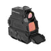 A left-angled frontal isometric view of the Holosun DRS-TH, prominently displaying both the red dot and thermal apertures in the foreground, with the brand's logo visible on the side profile.