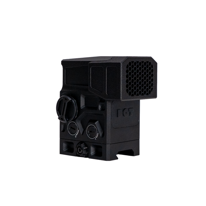 A left-angled, frontal view showing a tactical optic sight equipped with the black DOT EHS-1 Anti-Reflection Device securely installed over the lens.