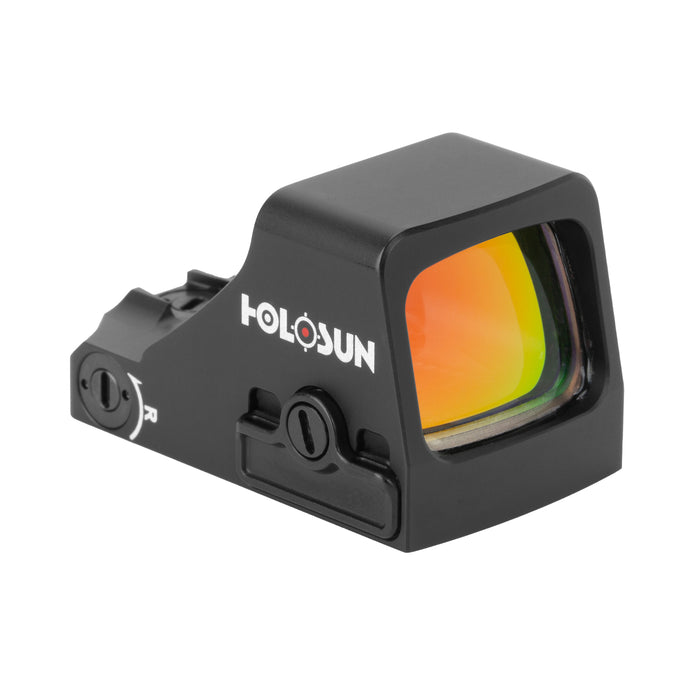 A left frontal isometric view of the HS507K X2 Holosun optic, prominently displaying the white Holosun logo and the windage adjustment dial in the foreground.