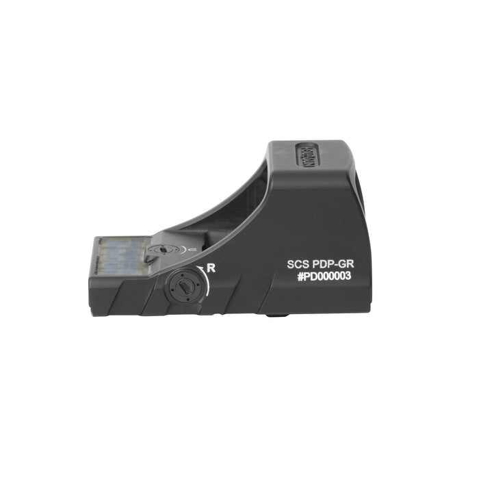 A left profile view of the Holosun PDP SCS, highlighting the engraved part number and the windage adjustment dial in the foreground on the main body of the sight.
