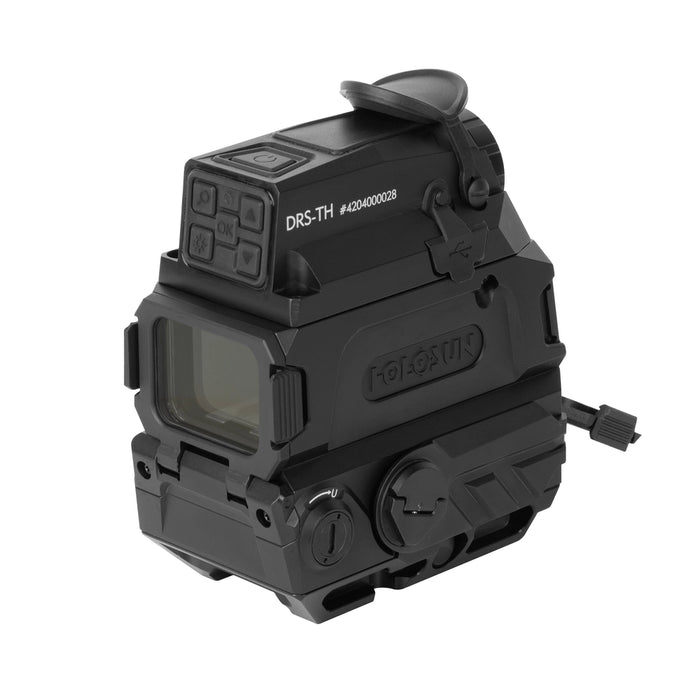 A left rear isometric view of the DRS TH Holosun optic, highlighting the user-facing OLED screen in the foreground and the thermal control buttons conveniently positioned along the top edge.