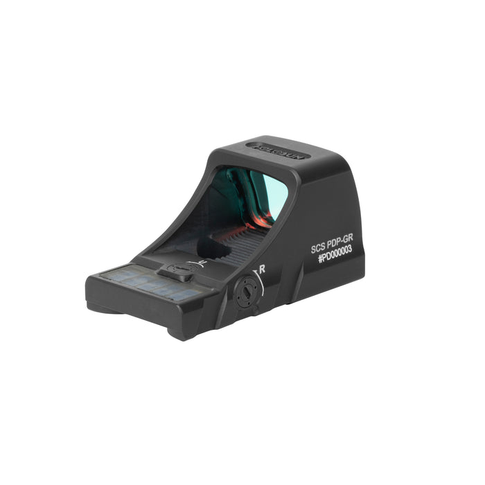A rear-angled, isometric view of the SCS Walther PDP optic, displaying the back profile and structural details of the durable aluminum housing.