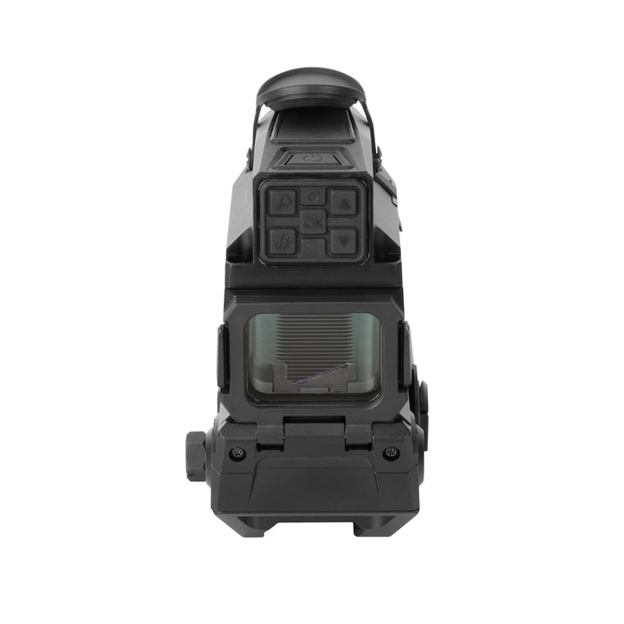 A rear-facing view of the Holosun DRS-TH THermal reflex sight, showing the user's perspective of the digital display screen in the foreground and the thermal control buttons prominently positioned on the top edge.