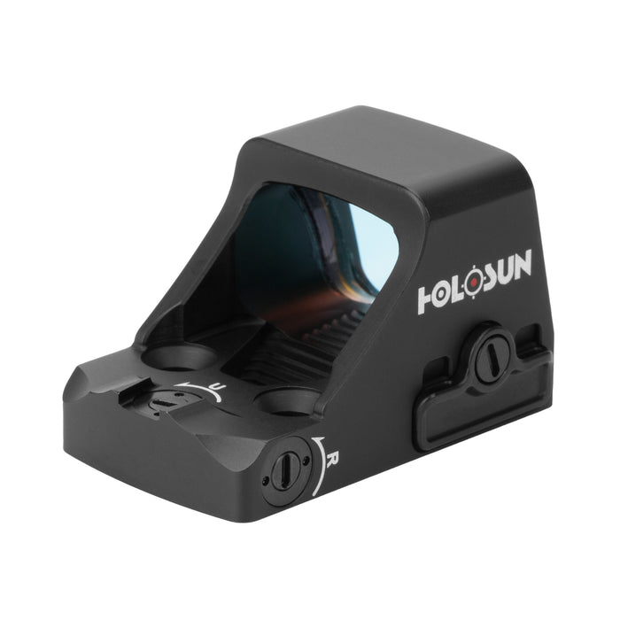 A rear left angled view of the Holosun HS507K-X2 optic, featuring the windage adjustment dial in the foreground, with the brand logo and side-mounted battery compartment clearly visible on the left.