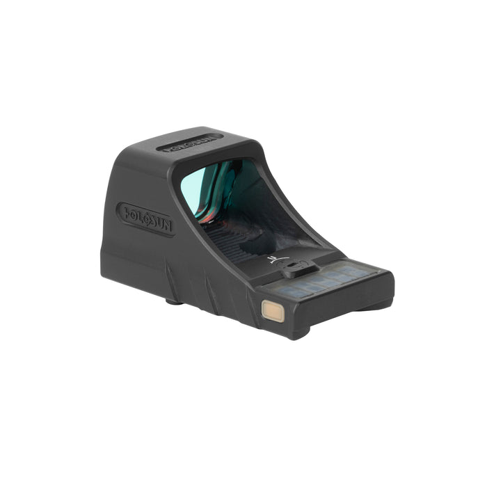 A rear right-angled isometric view of the Holosun SCS optic, displaying the textured back profile, the durable housing, and the clear glass viewing window from the shooter's perspective.