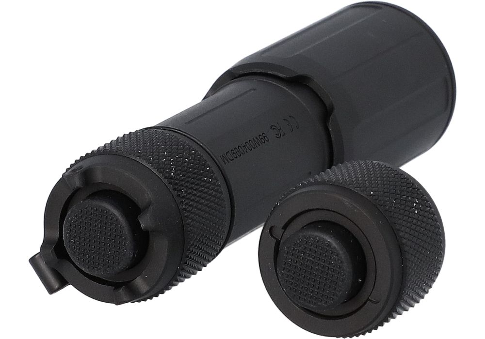 A rear view of the Foxtrot-EDC Compact displays its two interchangeable tailcaps. On the left, the flashlight is equipped with the raised, crowned tailcap, while the smooth standard tailcap rests unattached on the right.