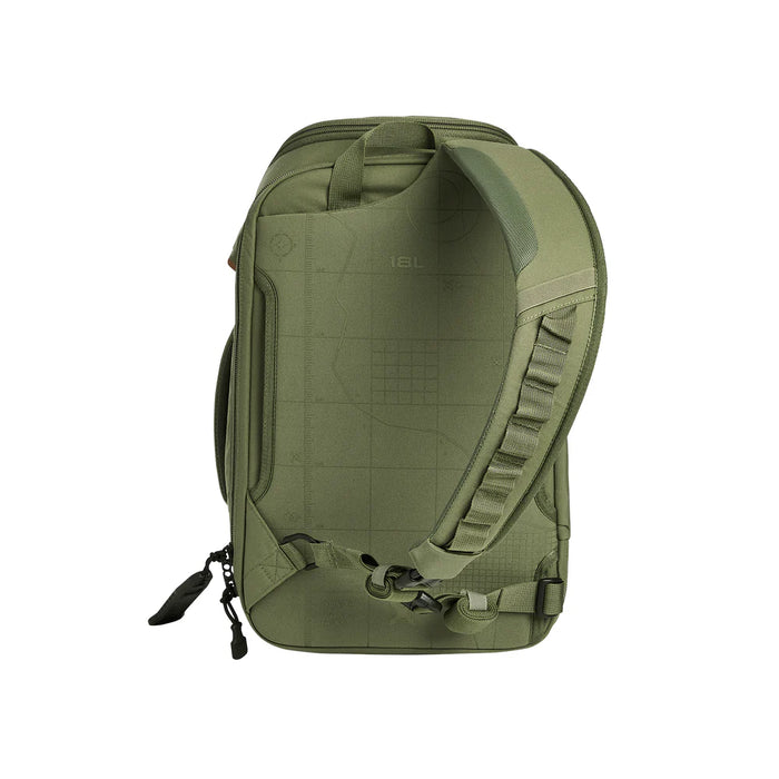 A rear view of the Gamut 18L Sling in Evergreen, focusing on the padded shoulder strap in the foreground designed for all-day carrying comfort .
