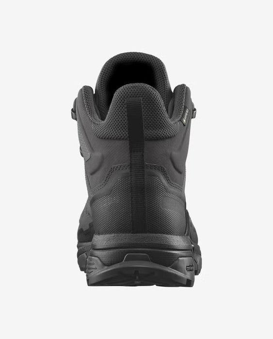 A rear view of the Wolf Grey Salomon X Ultra Forces Mid GTX boots for sale, featuring the sturdy heel pull-tab in the foreground for easy on-and-off access during rapid deployment.