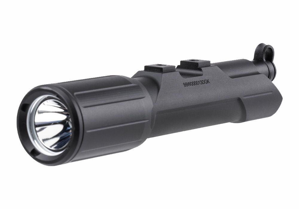 A right-angled frontal shot of the Sig Sauer Foxtrot MSR Rifle Mounted White Light, focusing on the bezel in the foreground to display the high-output lens.