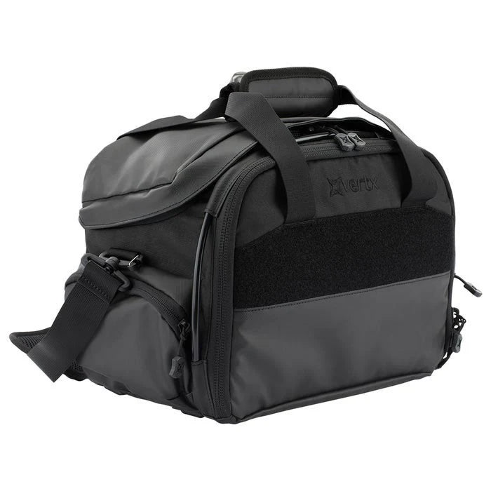 A right-angled frontal view of the Vertx Course of Fire Light Range Bag, highlighting the compact 9-liter profile and accessible front panel.