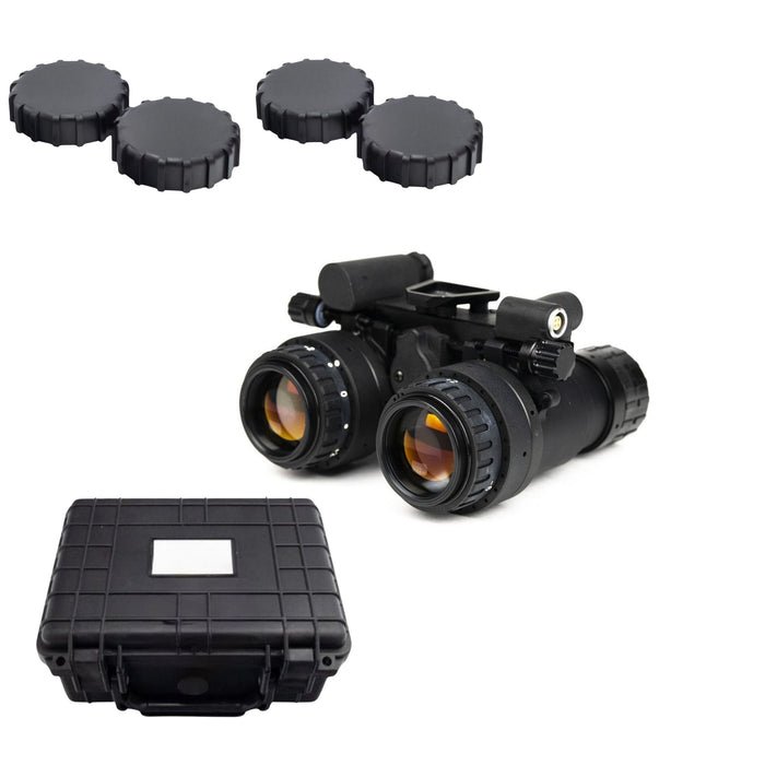 A right-angled shot of the ab night vision rnvg displayed alongside its Pelican-style hard case and a set of bikini lens covers.