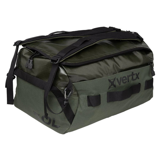 A right-angled view of the OD Green Vertx RLT 50L Tactical Travel Duffel Bag Backpack, highlighting its versatile reinforced grab handles on all four sides and the stowable shoulder straps ready for deployment .