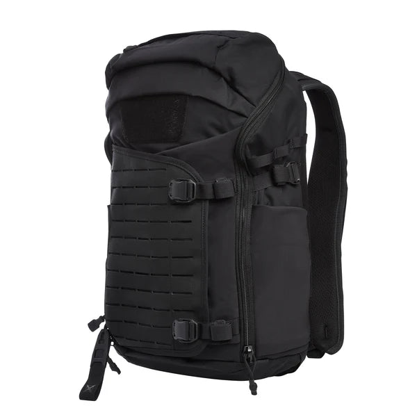A side-angled view of the Vertx Siege 25L tactical backpack in Black features the expandable external pouch and laser-cut MOLLE panel in the foreground with a bottle pouch on the side.