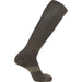 A side profile shot of the coyote brown Quest Forces Knee Tactical Socks laid flat, highlighting the anatomical shape and reinforced shin guard.
