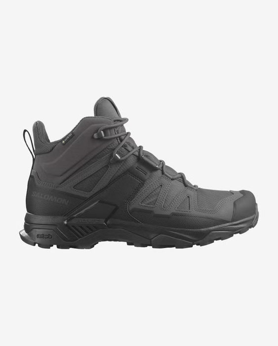 A side profile view of the Wolf Grey Salomon X Ultra Forces Mid GORE-TEX, showcasing its low-profile tactical design and stabilizing Advanced Chassis for urban environments.