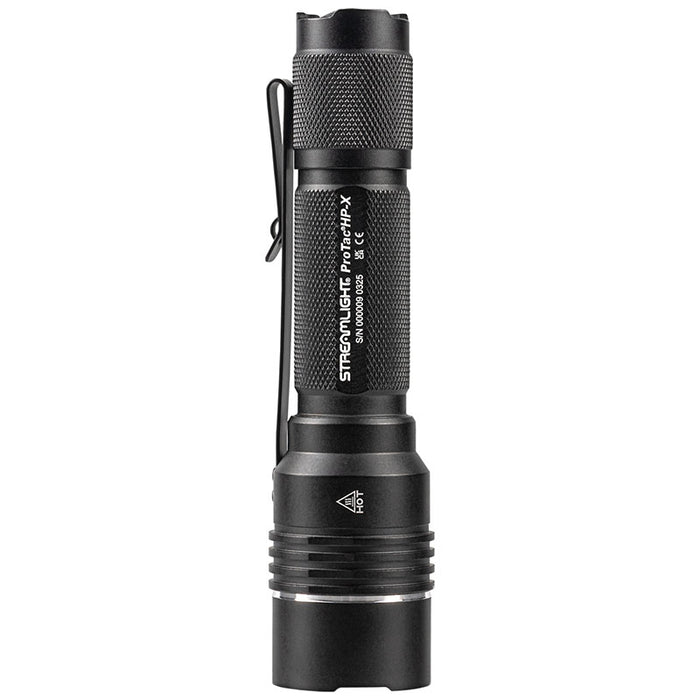 A side profile view showcasing the durable aluminum body, pocket clip, and textured grip of the Streamlight HPX tactical flashlight.