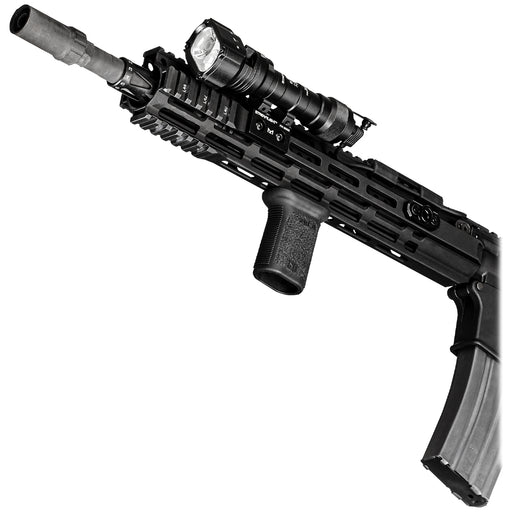 A side profile view showing the Streamlight ProTac Rail Mount VIR Pro securely attached to the Picatinny rail of an AR-15 tactical rifle.