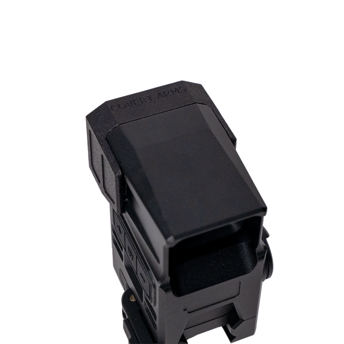 A top-down view showing the black DOT ARD attached securely to the front of a tactical optic sight.