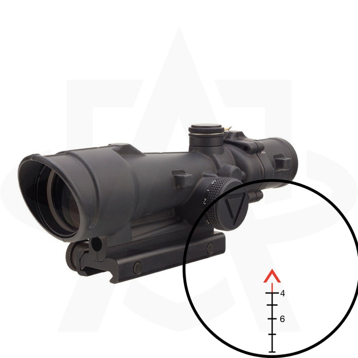 An operational view of the acog 3.5x35 led calibrated for .308 Winchester, showcasing the illuminated red chevron reticle and the heavy-duty thumbscrew mount built for high-recoil reliability.