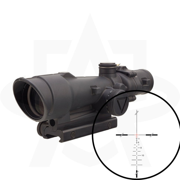 A mission-ready view through the acog 3.5x35 led scope featuring the red crosshair reticle with integrated ballistic drop compensation for .308 and 7.62 NATO rounds, securely attached via the tactical thumbscrew mount.
