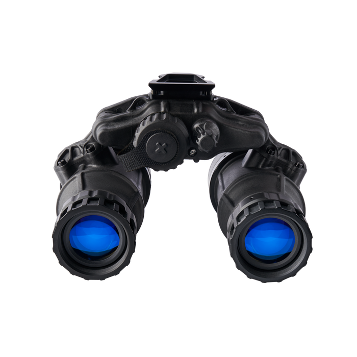 This professional frontal view showcases the ACT in Black Dual Tube Night Vision System Manual Gain, highlighting the high-performance white phosphor lenses alongside the precision manual gain adjustment knob and the secure battery compartment in the immediate foreground.