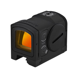 Angled view of the Acro S-2 shotgun red dot, with its digital brightness intensity buttons on display.