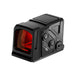 Front-right angled view displaying the red-tinted lens, brightness adjustment buttons, and enclosed optic construction.