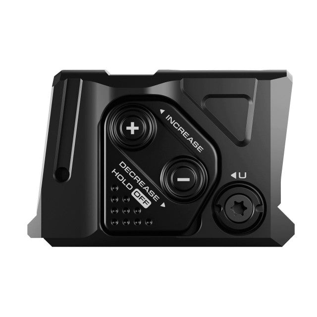 Right-side profile of the Aimpoint COA featuring brightness controls, mounting hardware, and adjustment interface.