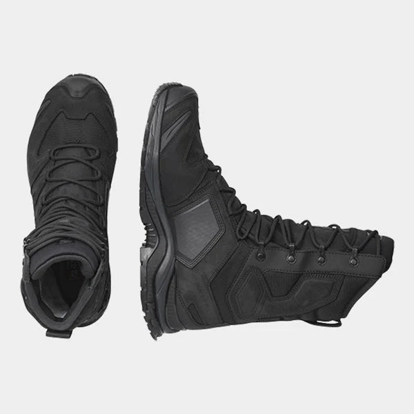 An aerial, close-up view looking down at the Salomon XA Forces 8 GTX EN, showcasing the top profile, secure lacing system, and thick padded ankle collar.