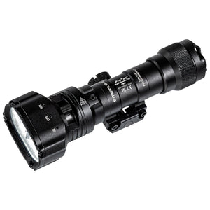 An angled right-side view of the tactical light, highlighting the Dual-mode white/IR head-mounted switch in the foreground.