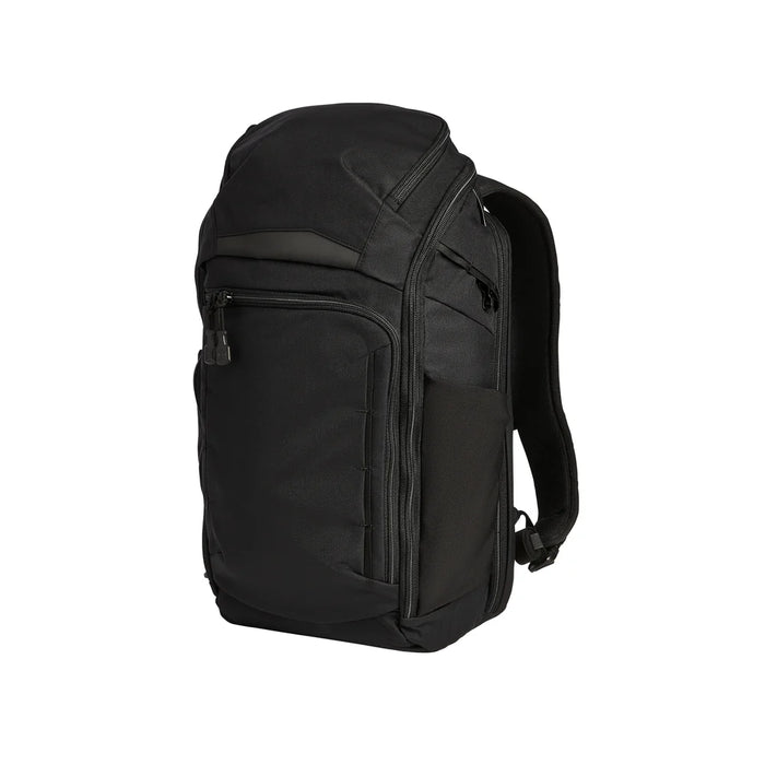 An angled view of the right side of the black Gamut 22L Backpack, featuring an expandable side pouch capable of holding large water bottles.