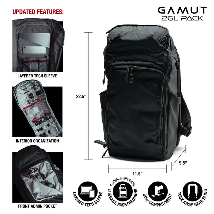 An infographic detailing the dimensions, key features, and technical specifications of the Vertx Gamut 26L Pack.